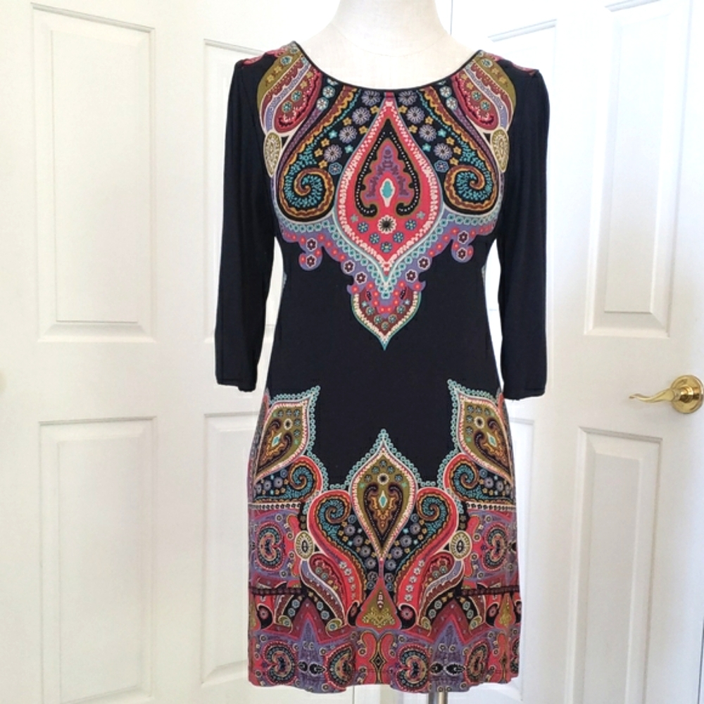 Vintage Black Boho Paisley Dress Tunic Jewel Tone Floral 3/4 Sleeve | SIZE SMALL - Picture 3 of 17